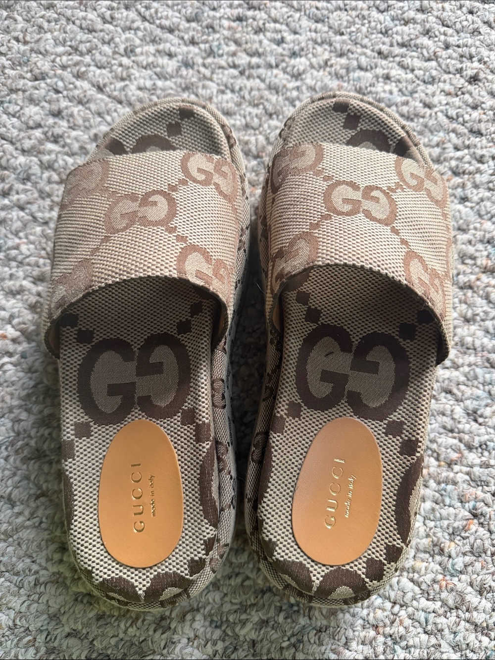 Gucci Brown Beige GG Canvas Slide Sandals